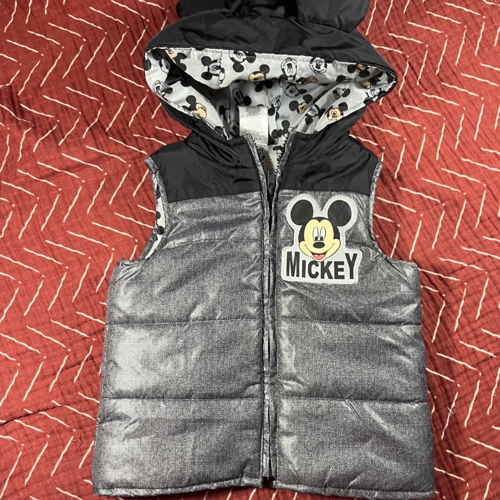 Kids Disney Mickey Mouse Puffer Vest Hooded Ears Sparkle Gray‎ Size 3T